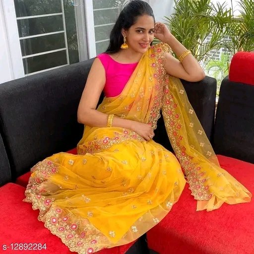 Charvi Fabulous Yellow Embroidered Saree | Party Wear Designer Saree with Pink Blouse