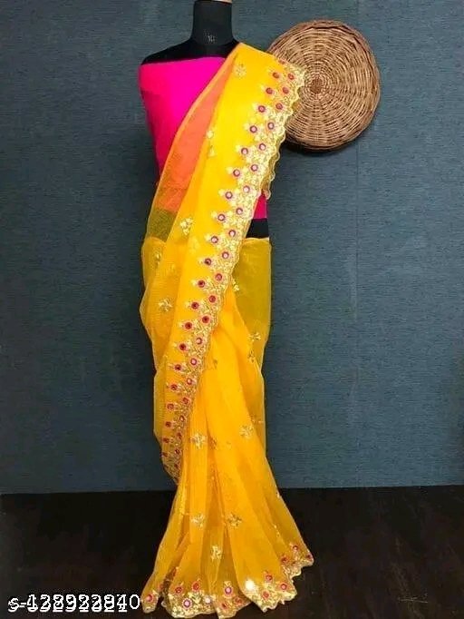 Charvi Fabulous Yellow Embroidered Saree | Party Wear Designer Saree with Pink Blouse - Image 2