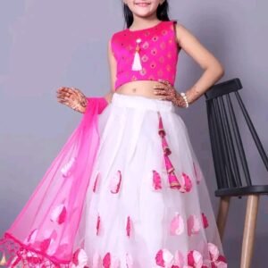 Home modern classy girls lehenga choli set | pink & white net lehenga for kids (1 8 years)